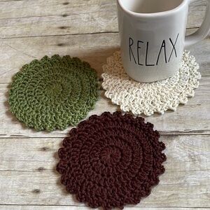 Set of 3 Hand Crafted Crochet Coaster/SmallDoilies Green, Brown & Cream 5 1/2 In